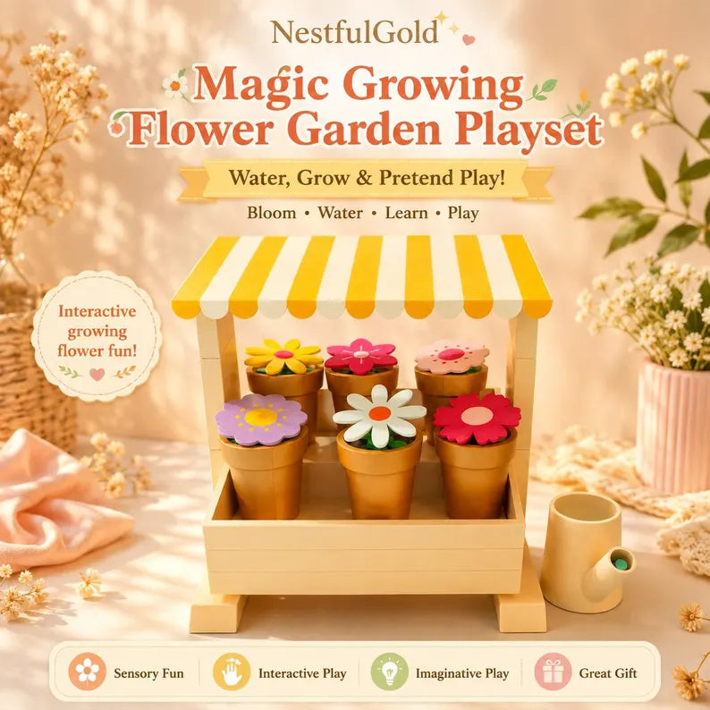 Magic Growing Flower Garden Playset, Magnetic Watering Can Pretend Playset, Interactive Kids Gardening Gift