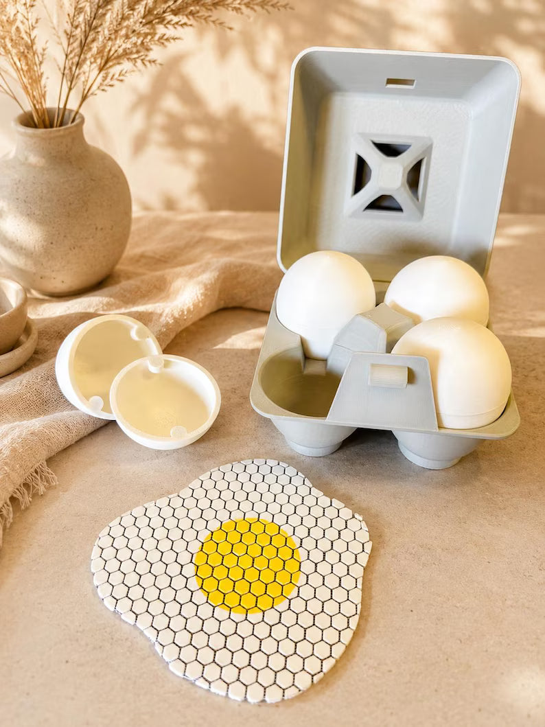 Fried Egg Playset with Carton | 4 Fidget Fabric Eggs | Sensory Pretend Kitchen Food Toy