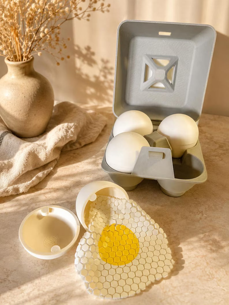 Fried Egg Playset with Carton | 4 Fidget Fabric Eggs | Sensory Pretend Kitchen Food Toy