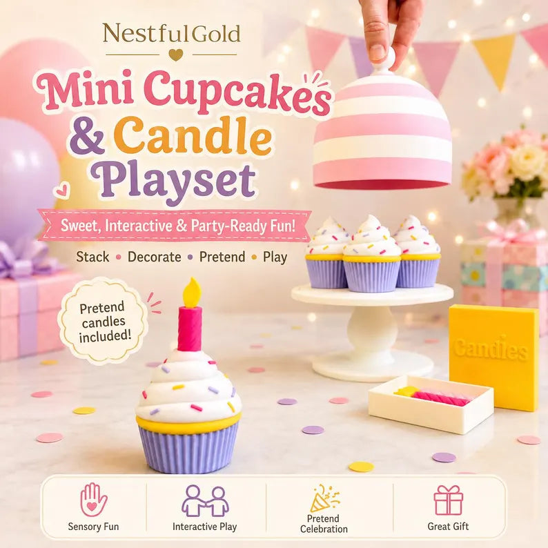 Mini Cupcake Candle Playset, Pretend Birthday Bakery Toy, Sensory Party Activity for Kids