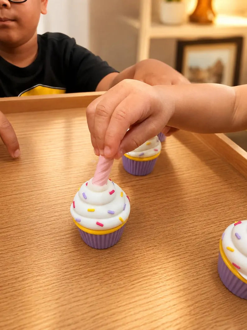 Mini Cupcake Candle Playset, Pretend Birthday Bakery Toy, Sensory Party Activity for Kids