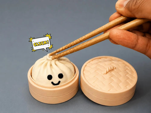 Smiling bao bun in steamer beside chopsticks