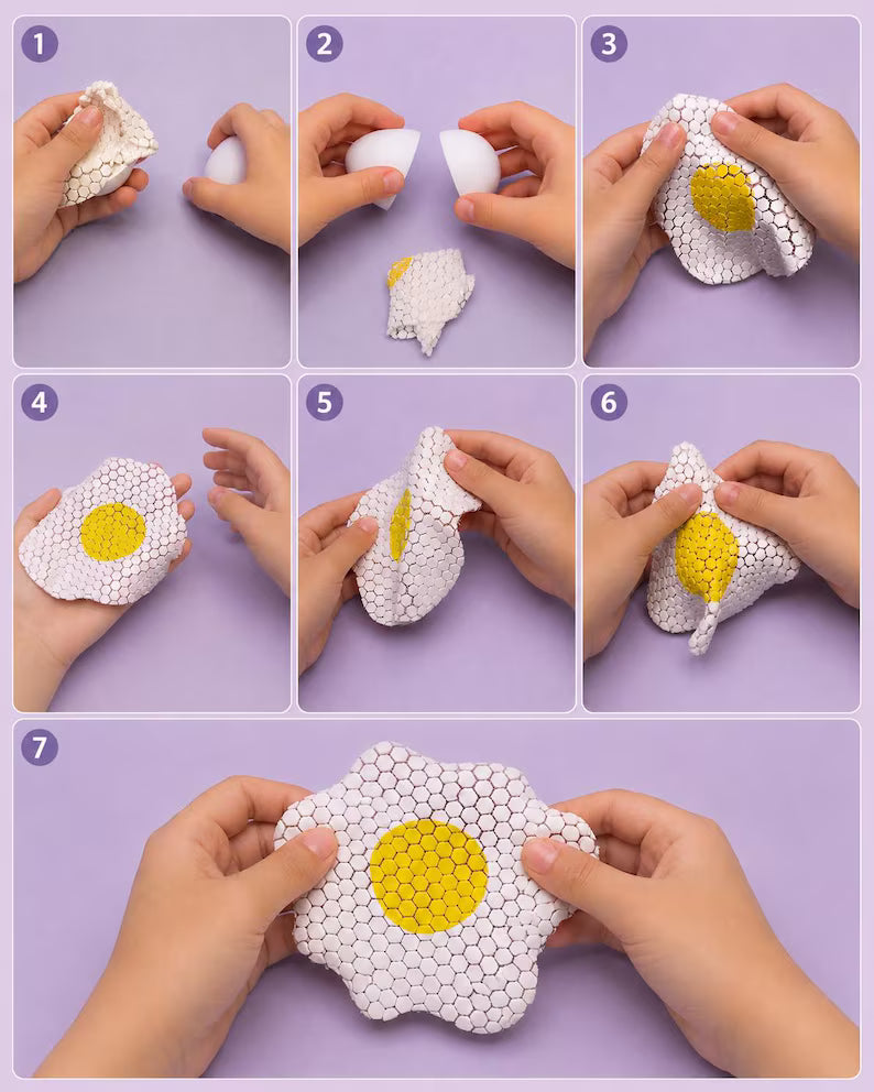 Fried Egg Playset with Carton | 4 Fidget Fabric Eggs | Sensory Pretend Kitchen Food Toy