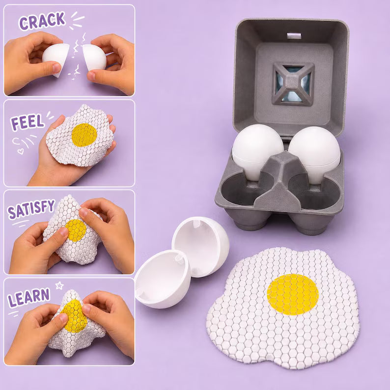 Fried Egg Playset with Carton | 4 Fidget Fabric Eggs | Sensory Pretend Kitchen Food Toy
