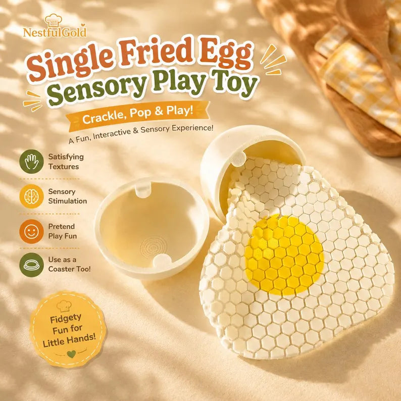 Single Fried Egg Fidget Toy | Flexible Mesh Sensory Play Food | Pretend Kitchen Toy | Desk Coaster | One Egg Only