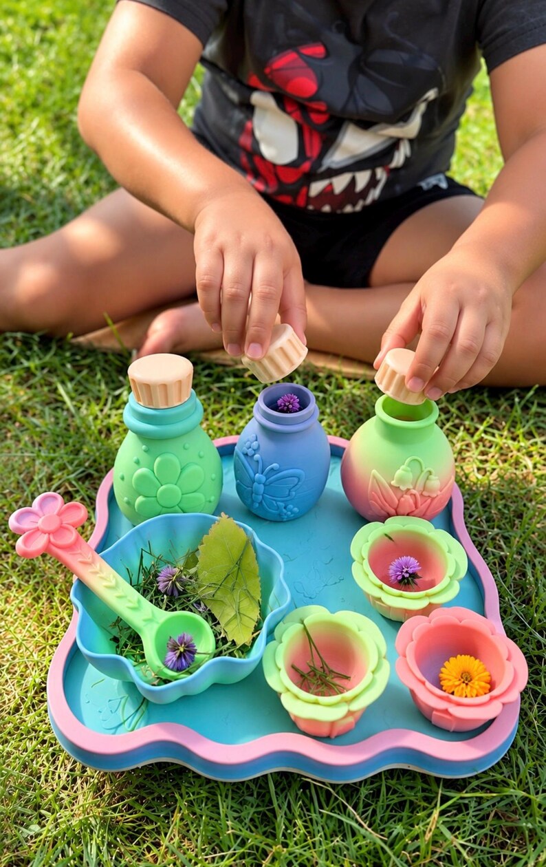 Enchanted Garden Potion Play Set, Fairy Pretend Play Toy, Sensory Bin Accessories, Flower Potion Bottles, Magical Kids Gift