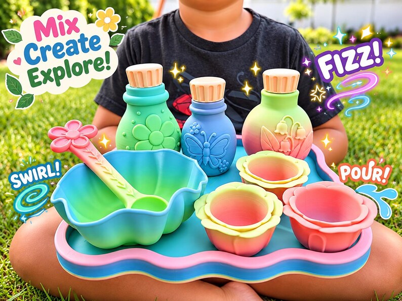 Enchanted Garden Potion Play Set, Fairy Pretend Play Toy, Sensory Bin Accessories, Flower Potion Bottles, Magical Kids Gift