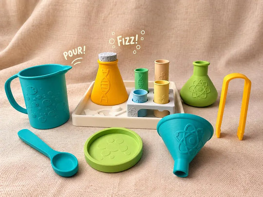 Science playset with flask, test tubes, jug, spoon, and funnel