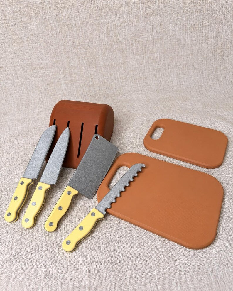 Pretend Play Knife Set with Knife Block, Toy Kitchen Knives, Little Chef Play Kitchen Accessories