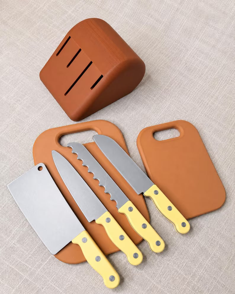 Pretend Play Knife Set with Knife Block, Toy Kitchen Knives, Little Chef Play Kitchen Accessories