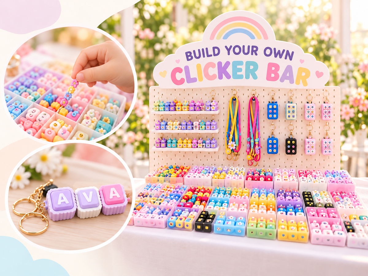 Build Your Own Clicker Bar with custom pastel clickers and personalized keychains